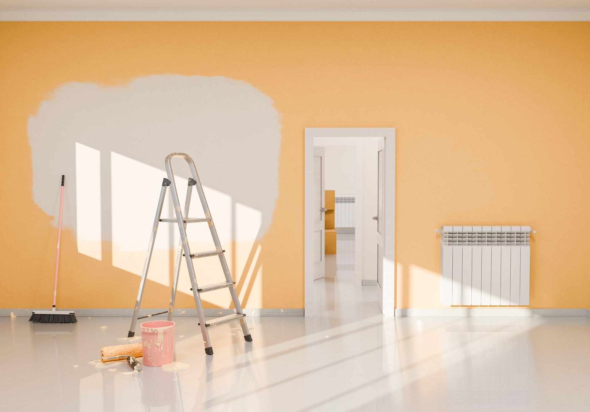 3D Rendering of Home Interior with Wall Painting Renovation and Sunlit Ambiance